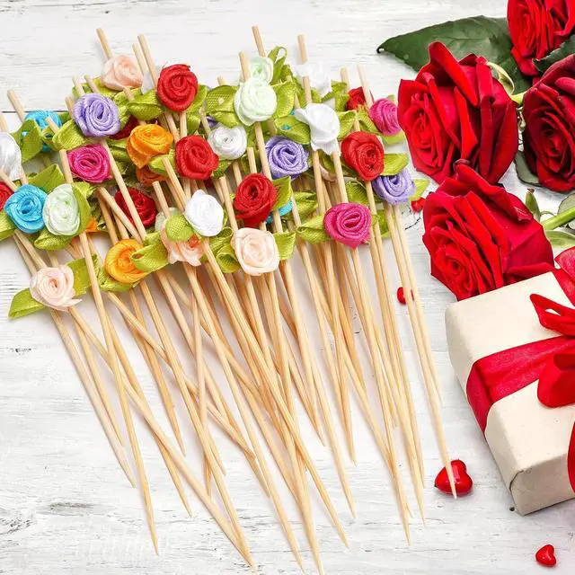 Alt view image 4 of 7 - Minisland Multicolor Rose Flower Bamboo Cocktail Picks, Fancy Toothpicks | 4.7 in Decorative Appetizer Skewers,100 ct. Great for Charcuterie, Weddings, Bridal Showers, Valentines, Birthdays. MSL129