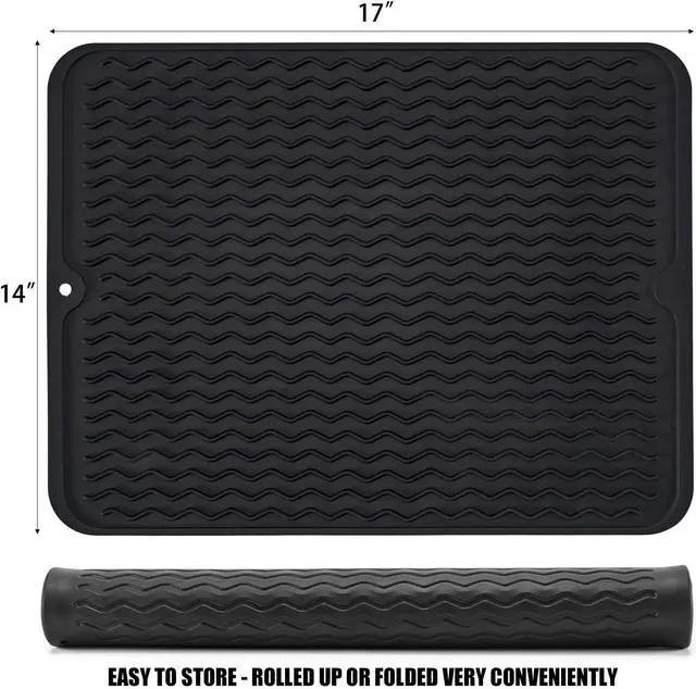 Alt view image 2 of 7 - Large 17" x 14" Silicone Dish Drying Mat for Kitchen Counter, Easy clean, Quick Dry, Heat-resistant Dish Drainer Mat for Sink,Refrigerator or Drawer liner (Food Grade Silicone-Black)