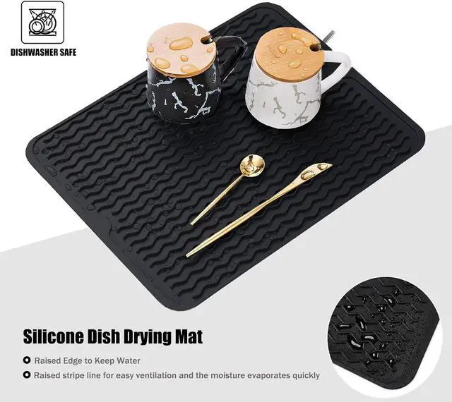Alt view image 3 of 7 - Large 17" x 14" Silicone Dish Drying Mat for Kitchen Counter, Easy clean, Quick Dry, Heat-resistant Dish Drainer Mat for Sink,Refrigerator or Drawer liner (Food Grade Silicone-Black)