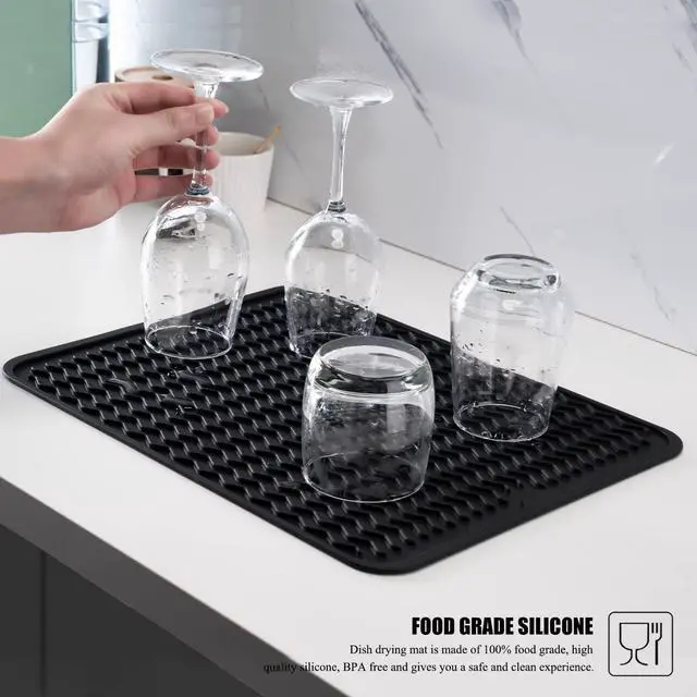 Alt view image 5 of 7 - Large 17" x 14" Silicone Dish Drying Mat for Kitchen Counter, Easy clean, Quick Dry, Heat-resistant Dish Drainer Mat for Sink,Refrigerator or Drawer liner (Food Grade Silicone-Black)