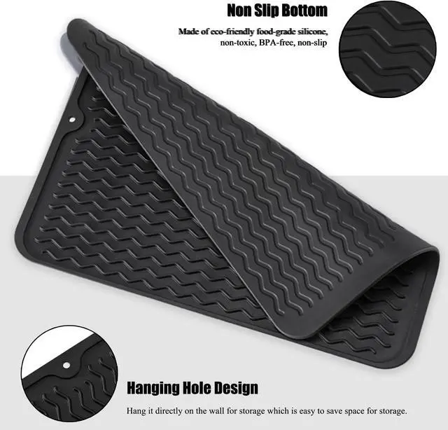 Alt view image 4 of 7 - Large 17" x 14" Silicone Dish Drying Mat for Kitchen Counter, Easy clean, Quick Dry, Heat-resistant Dish Drainer Mat for Sink,Refrigerator or Drawer liner (Food Grade Silicone-Black)