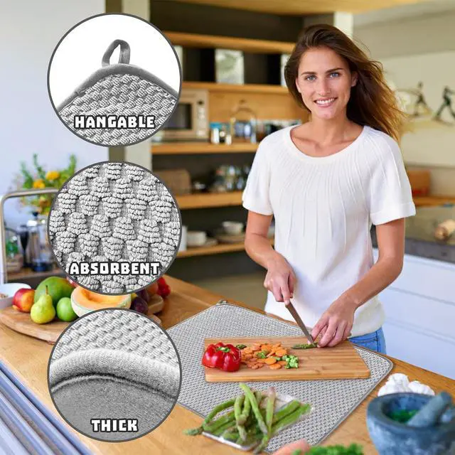 Alt view image 3 of 7 - 2Pcs XXL Dish Drying Mat,Absorbent Microfiber Dish Drainer Mats,Kitchen Counter Pads for Coffee Countertops,Sinks,Draining Racks(24×17",Gray)
