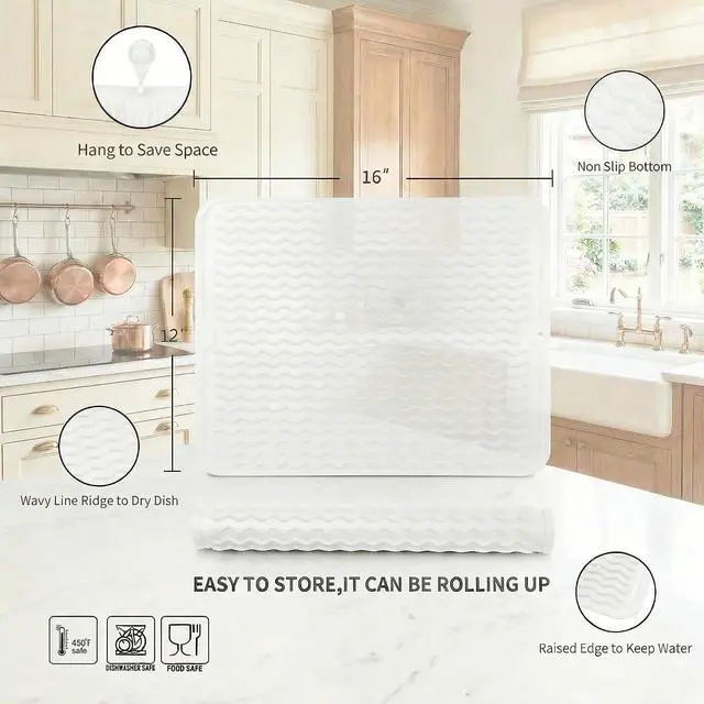 Alt view image 2 of 7 - MicoYang Silicone Dish Drying Mat Quick-Dry Ridges Counter & Sink Pad, Heat-Resistant Trivet to 450°F, Non-Slip & Dishwasher Safe, Roll-Up Storage, 18 Colors & 9 Sizes (Translucent, 16"×12")