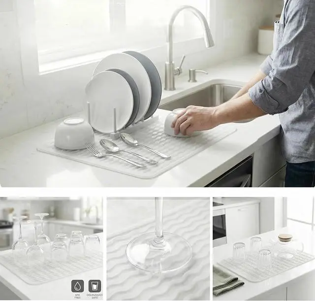 Alt view image 3 of 7 - MicoYang Silicone Dish Drying Mat Quick-Dry Ridges Counter & Sink Pad, Heat-Resistant Trivet to 450°F, Non-Slip & Dishwasher Safe, Roll-Up Storage, 18 Colors & 9 Sizes (Translucent, 16"×12")