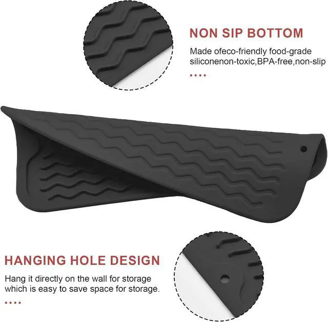 Alt view image 2 of 7 - Silicone Dish Drying Mat, Non-Slip Easy Clean Sink Mat, Black, 12" x 6" | Quick-Dry Ridges, Large Heat-resistant Dish Drainer Mat for Kitchen Counter, Hangable & Roll-Up for Storage, Dishwasher Safe