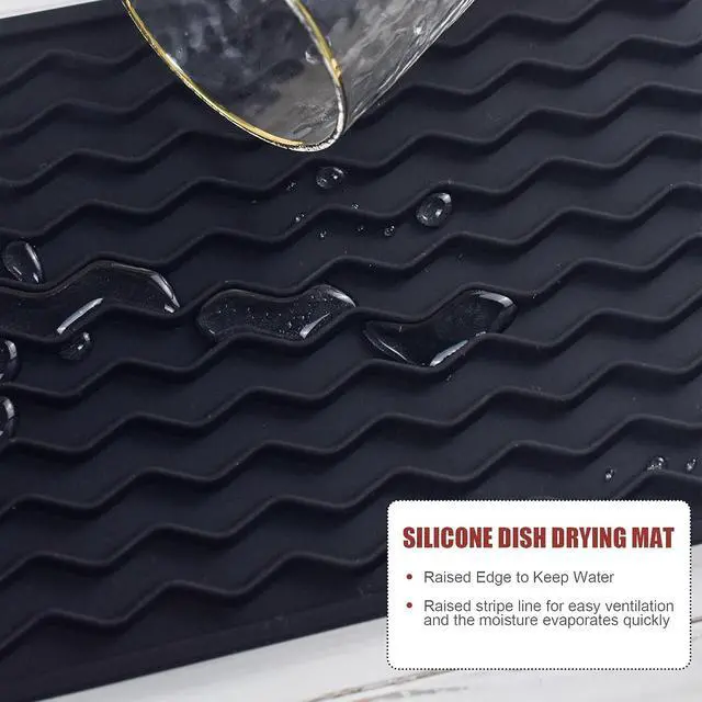 Alt view image 4 of 7 - Silicone Dish Drying Mat, Non-Slip Easy Clean Sink Mat, Black, 12" x 6" | Quick-Dry Ridges, Large Heat-resistant Dish Drainer Mat for Kitchen Counter, Hangable & Roll-Up for Storage, Dishwasher Safe