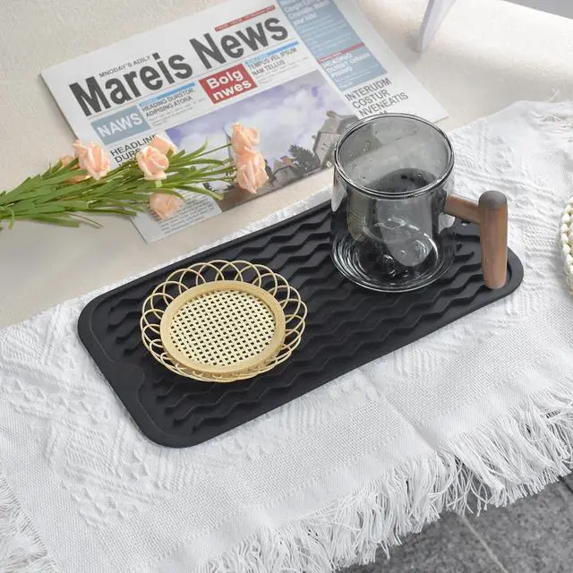 Alt view image 5 of 7 - Silicone Dish Drying Mat, Non-Slip Easy Clean Sink Mat, Black, 12" x 6" | Quick-Dry Ridges, Large Heat-resistant Dish Drainer Mat for Kitchen Counter, Hangable & Roll-Up for Storage, Dishwasher Safe