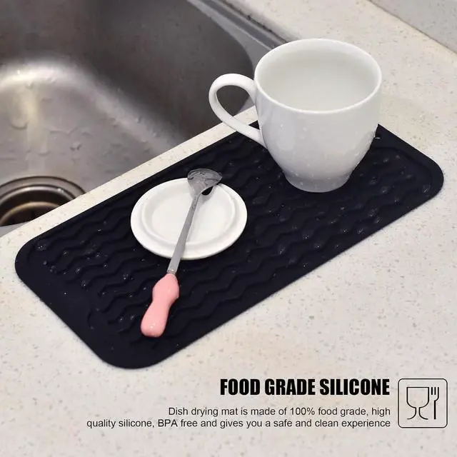 Alt view image 6 of 7 - Silicone Dish Drying Mat, Non-Slip Easy Clean Sink Mat, Black, 12" x 6" | Quick-Dry Ridges, Large Heat-resistant Dish Drainer Mat for Kitchen Counter, Hangable & Roll-Up for Storage, Dishwasher Safe