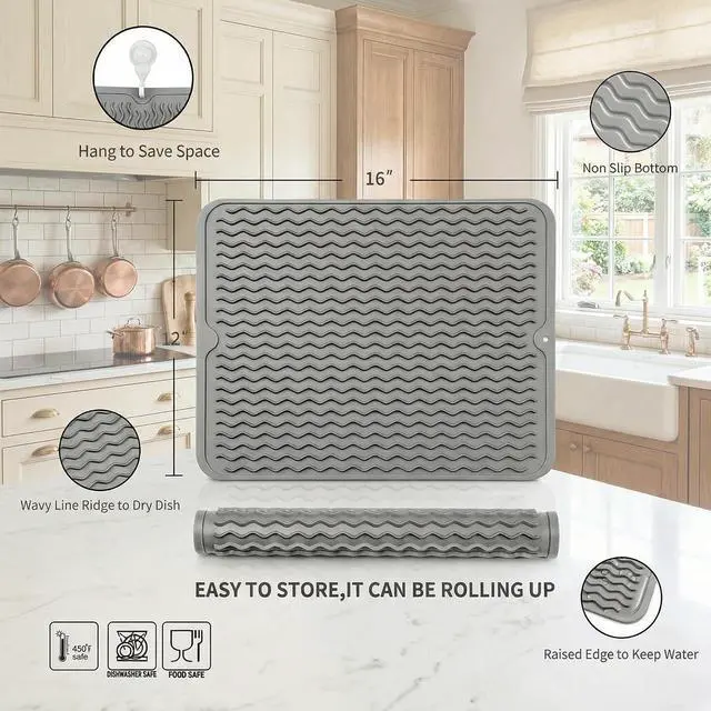 Alt view image 2 of 7 - MicoYang Silicone Dish Drying Mat, Grey, 16"×12" | Quick-Dry Ridges, Heat-Resistant Trivet to 450°F, Non-Slip & Dishwasher Safe, Roll-Up Storage, 18 Colors & 9 Sizes Available