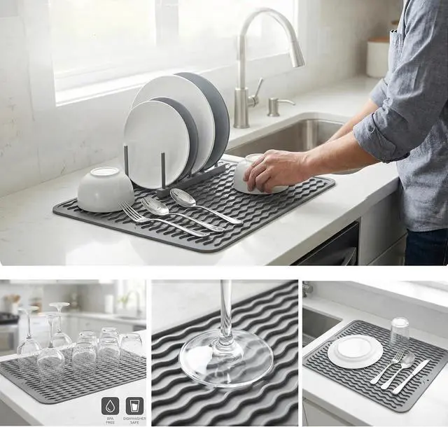 Alt view image 3 of 7 - MicoYang Silicone Dish Drying Mat, Grey, 16"×12" | Quick-Dry Ridges, Heat-Resistant Trivet to 450°F, Non-Slip & Dishwasher Safe, Roll-Up Storage, 18 Colors & 9 Sizes Available