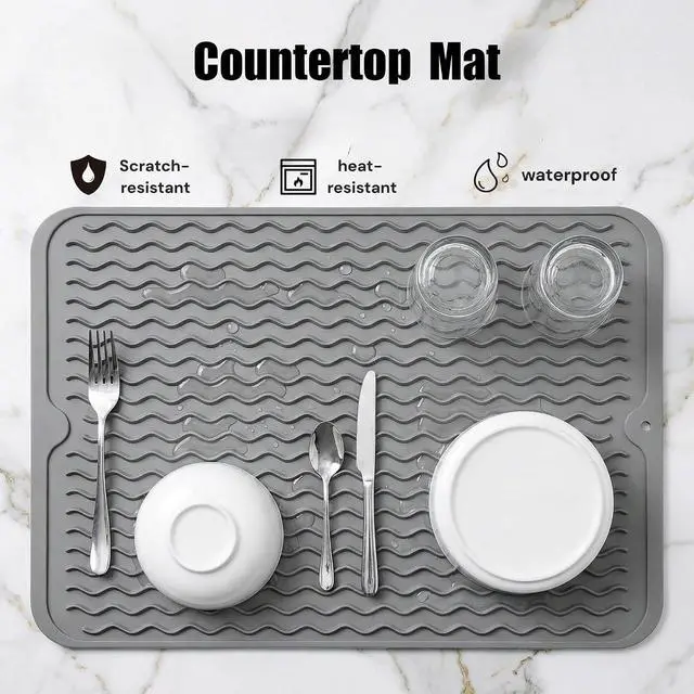 Alt view image 4 of 7 - MicoYang Silicone Dish Drying Mat, Grey, 16"×12" | Quick-Dry Ridges, Heat-Resistant Trivet to 450°F, Non-Slip & Dishwasher Safe, Roll-Up Storage, 18 Colors & 9 Sizes Available