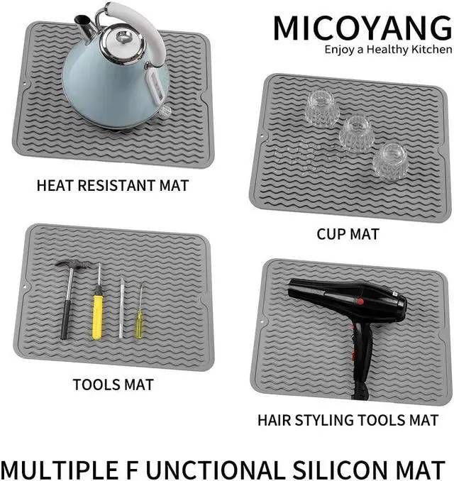 Alt view image 5 of 7 - MicoYang Silicone Dish Drying Mat, Grey, 16"×12" | Quick-Dry Ridges, Heat-Resistant Trivet to 450°F, Non-Slip & Dishwasher Safe, Roll-Up Storage, 18 Colors & 9 Sizes Available