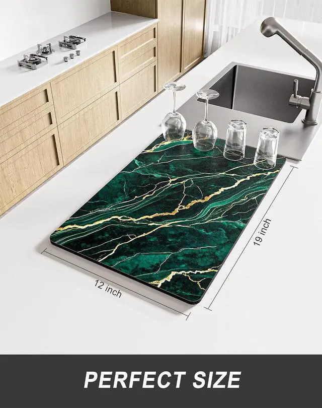 Alt view image 2 of 7 - Rnivvi Dish Drying Mat for Kitchen Counter, 12 x 19" Cute Marble Super Absorbent Draining Pad, Non-Slip Heat Resistant Coffee Bar Mats for Coffee Machine Station Accessories, Green Gold Dish Rack Pad