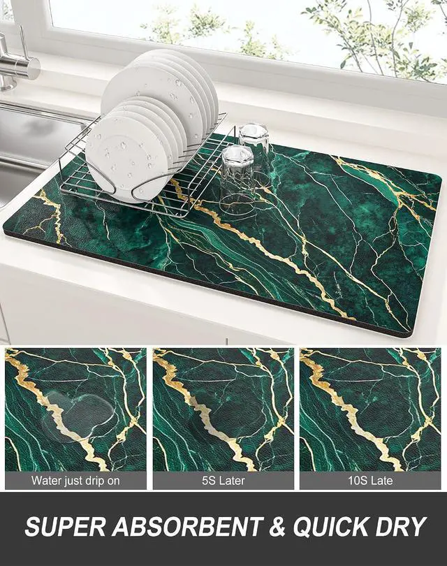 Alt view image 3 of 7 - Rnivvi Dish Drying Mat for Kitchen Counter, 12 x 19" Cute Marble Super Absorbent Draining Pad, Non-Slip Heat Resistant Coffee Bar Mats for Coffee Machine Station Accessories, Green Gold Dish Rack Pad