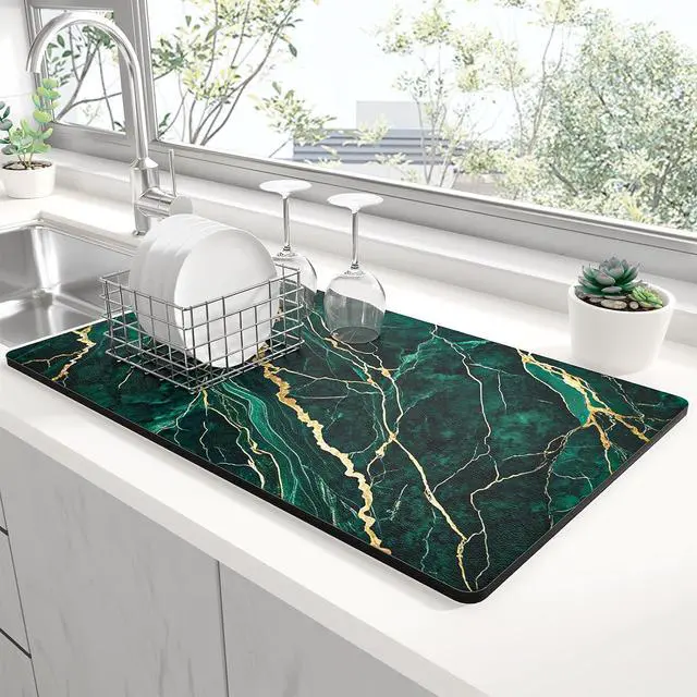 Main image of Rnivvi Dish Drying Mat for Kitchen Counter, 12 x 19" Cute Marble Super Absorbent Draining Pad, Non-Slip Heat Resistant Coffee Bar Mats for Coffee Machine Station Accessories, Green Gold Dish Rack Pad