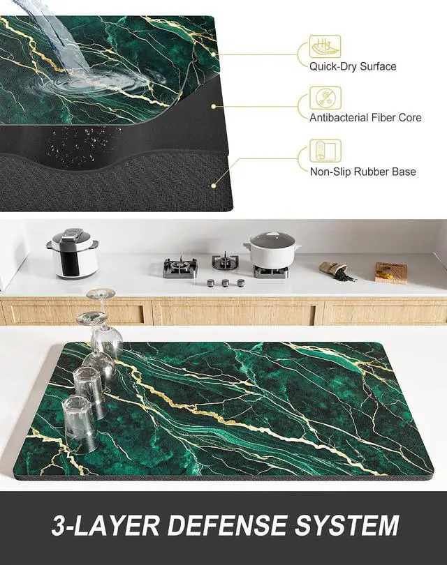 Alt view image 4 of 7 - Rnivvi Dish Drying Mat for Kitchen Counter, 12 x 19" Cute Marble Super Absorbent Draining Pad, Non-Slip Heat Resistant Coffee Bar Mats for Coffee Machine Station Accessories, Green Gold Dish Rack Pad