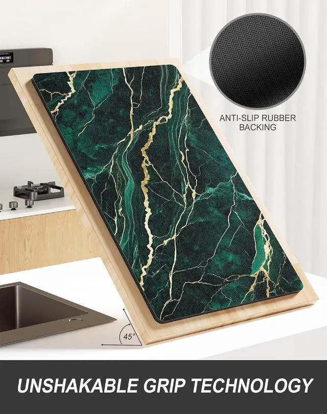 Alt view image 5 of 7 - Rnivvi Dish Drying Mat for Kitchen Counter, 12 x 19" Cute Marble Super Absorbent Draining Pad, Non-Slip Heat Resistant Coffee Bar Mats for Coffee Machine Station Accessories, Green Gold Dish Rack Pad