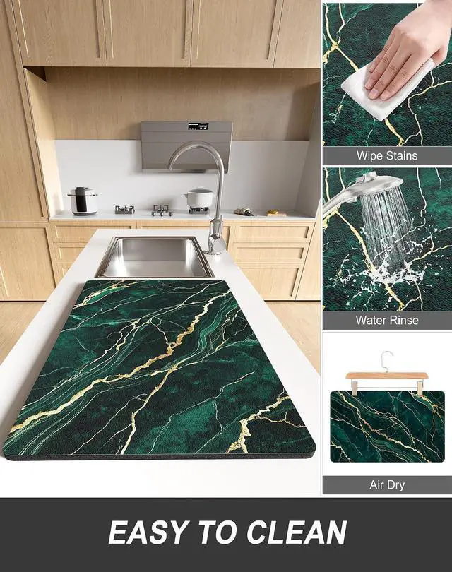 Alt view image 6 of 7 - Rnivvi Dish Drying Mat for Kitchen Counter, 12 x 19" Cute Marble Super Absorbent Draining Pad, Non-Slip Heat Resistant Coffee Bar Mats for Coffee Machine Station Accessories, Green Gold Dish Rack Pad