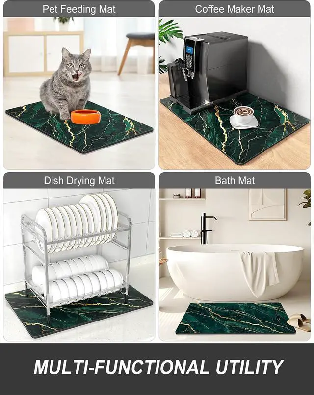 Alt view image 7 of 7 - Rnivvi Dish Drying Mat for Kitchen Counter, 12 x 19" Cute Marble Super Absorbent Draining Pad, Non-Slip Heat Resistant Coffee Bar Mats for Coffee Machine Station Accessories, Green Gold Dish Rack Pad