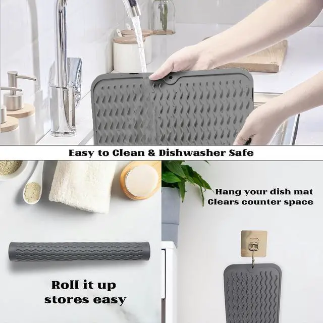 Alt view image 4 of 7 - ZLR Silicone Dish Drying Mat for Kitchen Counter, Eco-Friendly Fast Dry Dish Mat, Easy Clean Multi Usage Drying Matt, Heat Resistant Trivet, 12" x 16" Large, Dark Gray