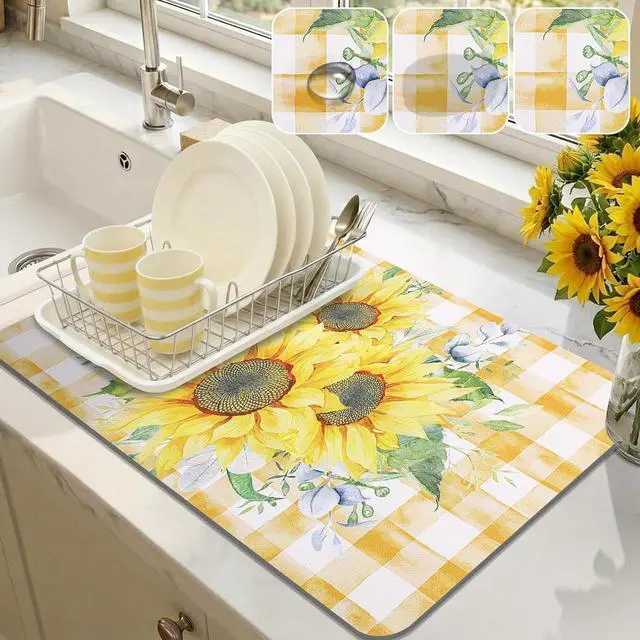 Main image of LOKHOM 12"x20" Dish Drying MatSunflower Coffee Mat | Vintage Floral Prints, Ultra Absorbent, Quick Dry Dish Drainer Rack Mat, Heat Resistant, For Countertop Sink Kitchen Counter