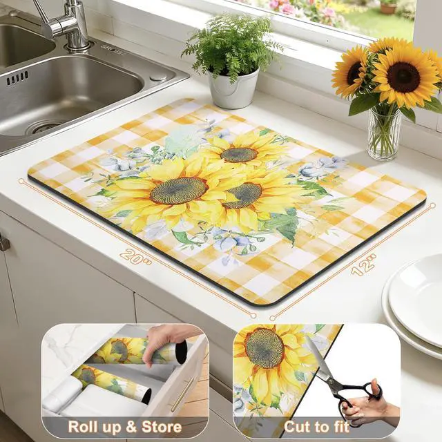 Alt view image 2 of 7 - LOKHOM 12"x20" Dish Drying MatSunflower Coffee Mat | Vintage Floral Prints, Ultra Absorbent, Quick Dry Dish Drainer Rack Mat, Heat Resistant, For Countertop Sink Kitchen Counter