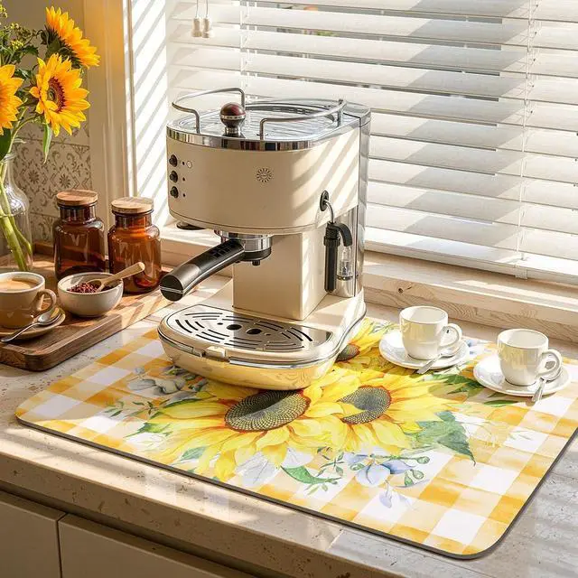Alt view image 3 of 7 - LOKHOM 12"x20" Dish Drying MatSunflower Coffee Mat | Vintage Floral Prints, Ultra Absorbent, Quick Dry Dish Drainer Rack Mat, Heat Resistant, For Countertop Sink Kitchen Counter