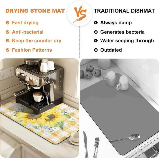 Alt view image 5 of 7 - LOKHOM 12"x20" Dish Drying MatSunflower Coffee Mat | Vintage Floral Prints, Ultra Absorbent, Quick Dry Dish Drainer Rack Mat, Heat Resistant, For Countertop Sink Kitchen Counter