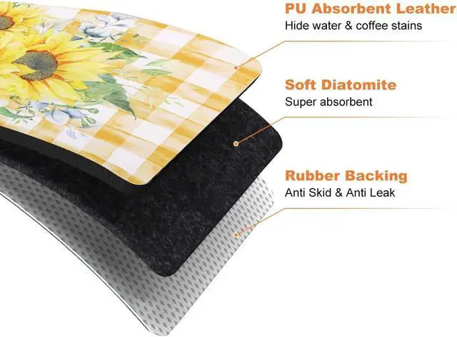 Alt view image 7 of 7 - LOKHOM 12"x20" Dish Drying MatSunflower Coffee Mat | Vintage Floral Prints, Ultra Absorbent, Quick Dry Dish Drainer Rack Mat, Heat Resistant, For Countertop Sink Kitchen Counter