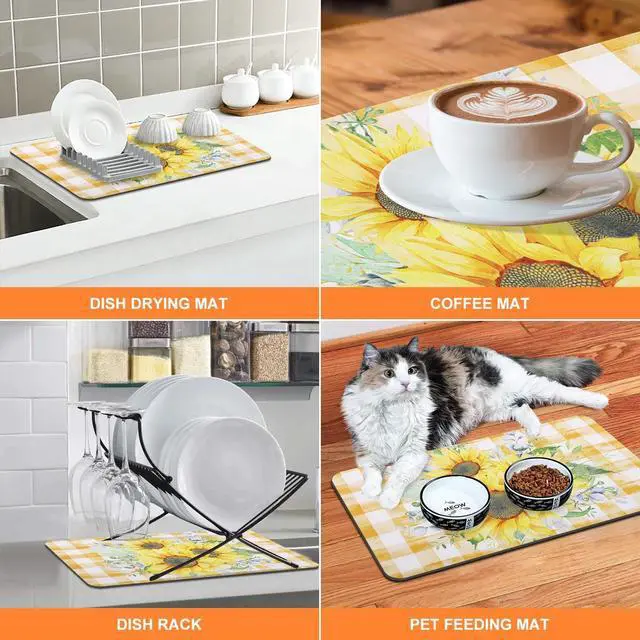 Alt view image 6 of 7 - LOKHOM 12"x20" Dish Drying MatSunflower Coffee Mat | Vintage Floral Prints, Ultra Absorbent, Quick Dry Dish Drainer Rack Mat, Heat Resistant, For Countertop Sink Kitchen Counter