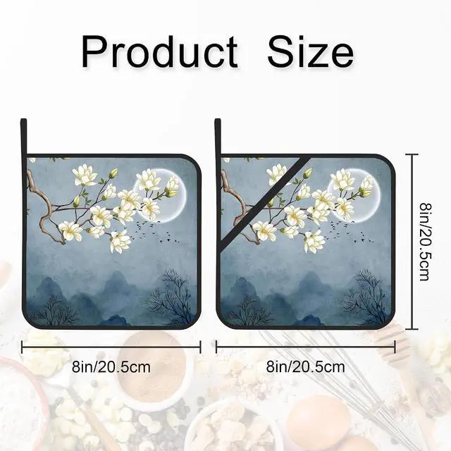 Alt view image 2 of 7 - Pot Holder Set of 2,Moon Blossom Japanese Style Kitchen Heat Resistant Potholder for BBQ Cooking Baking,Food Hot Pat for Women Men Kitchen Wear