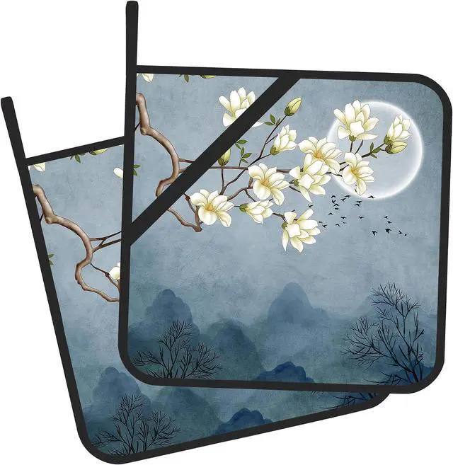 Main image of Pot Holder Set of 2,Moon Blossom Japanese Style Kitchen Heat Resistant Potholder for BBQ Cooking Baking,Food Hot Pat for Women Men Kitchen Wear