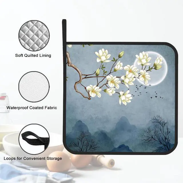 Alt view image 3 of 7 - Pot Holder Set of 2,Moon Blossom Japanese Style Kitchen Heat Resistant Potholder for BBQ Cooking Baking,Food Hot Pat for Women Men Kitchen Wear