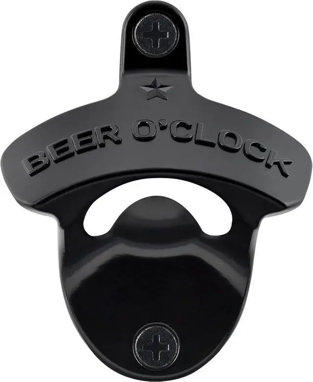 Main image of Black Bottle Cap Opener Wall Mounted Stainless BEER O'CLOCK | Funny Embossed, Mounting Hardware Included, Screw in Wood Table Cooler Fridge