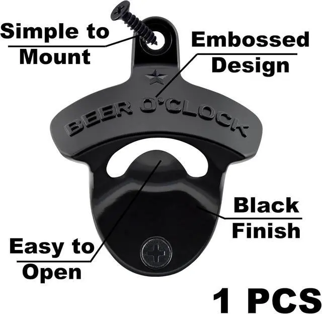 Alt view image 2 of 5 - Black Bottle Cap Opener Wall Mounted Stainless BEER O'CLOCK | Funny Embossed, Mounting Hardware Included, Screw in Wood Table Cooler Fridge