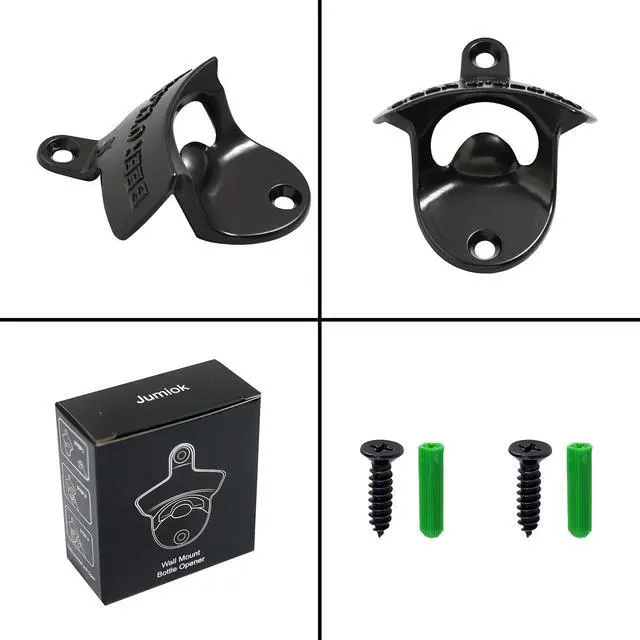 Alt view image 4 of 5 - Black Bottle Cap Opener Wall Mounted Stainless BEER O'CLOCK | Funny Embossed, Mounting Hardware Included, Screw in Wood Table Cooler Fridge