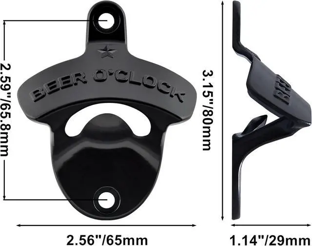 Alt view image 5 of 5 - Black Bottle Cap Opener Wall Mounted Stainless BEER O'CLOCK | Funny Embossed, Mounting Hardware Included, Screw in Wood Table Cooler Fridge