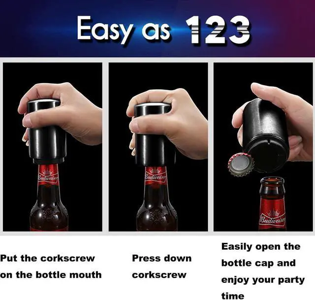 Alt view image 3 of 7 - Father's Day Gift for Dad, YUDANSI Push Down Bottle Opener, Automatic Beer Openers, Stainless Steel Bottle Cap Mover, Funny Kitchen Gadgets, Beer Bar Accessories Gifts for Him BF, Magnetic Corkscrew