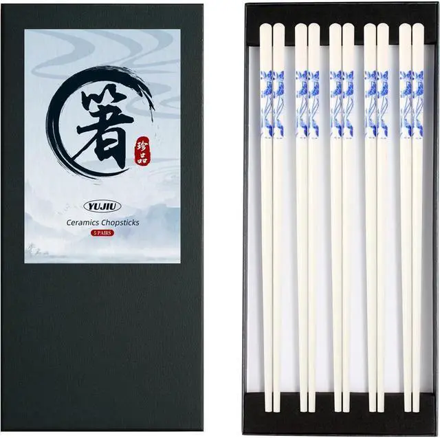 Main image of Porcelain Chopsticks Set of 5 Pairs, Reusable Bone Ceramic Chopsticks, Dishwasher Safe, Non-Slip Design, Elegant Gift Box for Family or Restaurant Use (lotus)