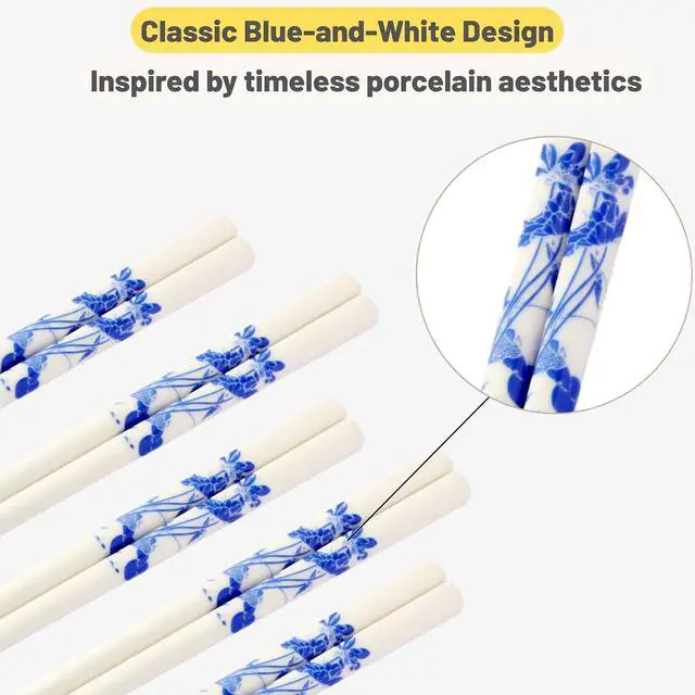Alt view image 2 of 7 - Porcelain Chopsticks Set of 5 Pairs, Reusable Bone Ceramic Chopsticks, Dishwasher Safe, Non-Slip Design, Elegant Gift Box for Family or Restaurant Use (lotus)