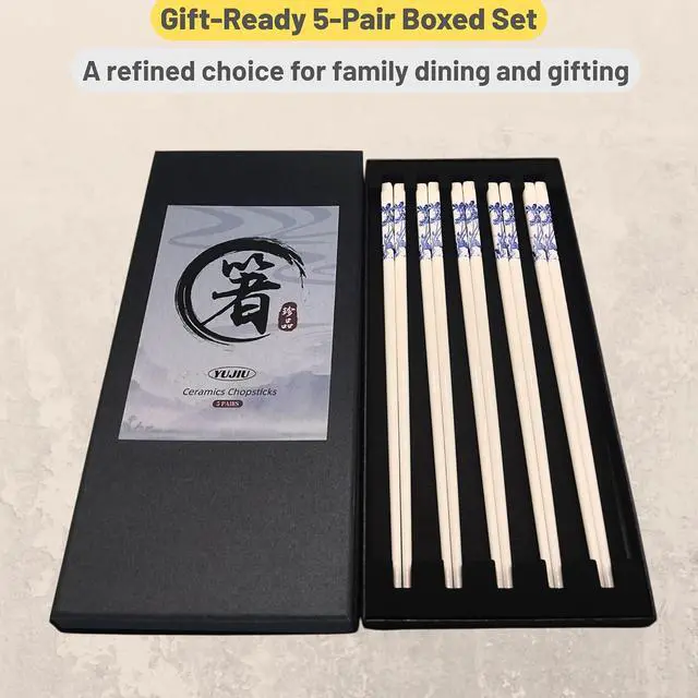 Alt view image 5 of 7 - Porcelain Chopsticks Set of 5 Pairs, Reusable Bone Ceramic Chopsticks, Dishwasher Safe, Non-Slip Design, Elegant Gift Box for Family or Restaurant Use (lotus)