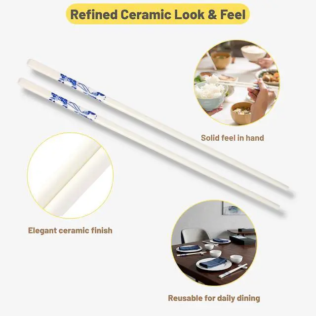 Alt view image 7 of 7 - Porcelain Chopsticks Set of 5 Pairs, Reusable Bone Ceramic Chopsticks, Dishwasher Safe, Non-Slip Design, Elegant Gift Box for Family or Restaurant Use (lotus)