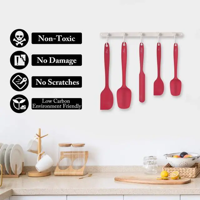 Alt view image 5 of 7 - HOTEC Heat Resistant 600 BPA-Free Silicone Rubber Spatula Set, Kithchen Cooking Spatulas, Baking, Mixing, for Non Stick Cookware, Dishwasher Safe, Red Set of 5