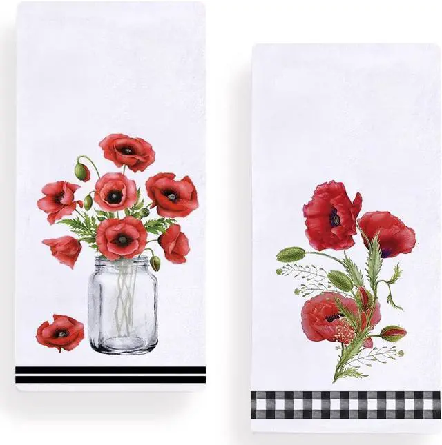 Main image of Secarond Watercolor Poppy Flower Kitchen Dish Towel 18 x 28 Inch Set of 2, Spring Summer Floral Tea Towels Dish Cloth for Cooking Baking
