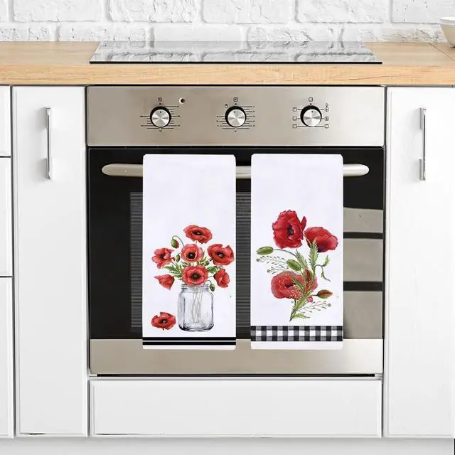 Alt view image 3 of 6 - Secarond Watercolor Poppy Flower Kitchen Dish Towel 18 x 28 Inch Set of 2, Spring Summer Floral Tea Towels Dish Cloth for Cooking Baking