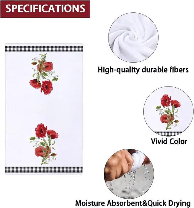 Alt view image 6 of 6 - Secarond Watercolor Poppy Flower Kitchen Dish Towel 18 x 28 Inch Set of 2, Spring Summer Floral Tea Towels Dish Cloth for Cooking Baking