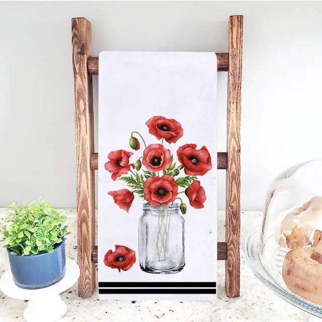 Alt view image 5 of 6 - Secarond Watercolor Poppy Flower Kitchen Dish Towel 18 x 28 Inch Set of 2, Spring Summer Floral Tea Towels Dish Cloth for Cooking Baking