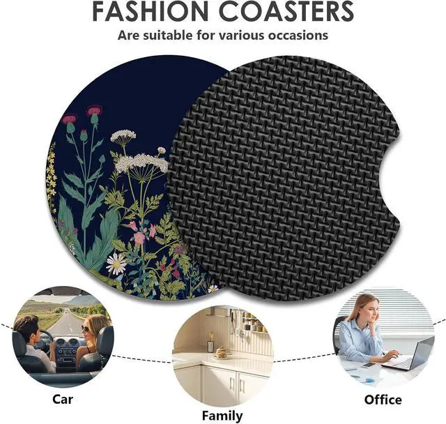 Alt view image 7 of 7 - 2 Pack Car Coasters2.75-inch Neoprene Non-Slip Cup Holder Coasters for CarCute Car Interior Accessories for Men and WomenBlack Flower