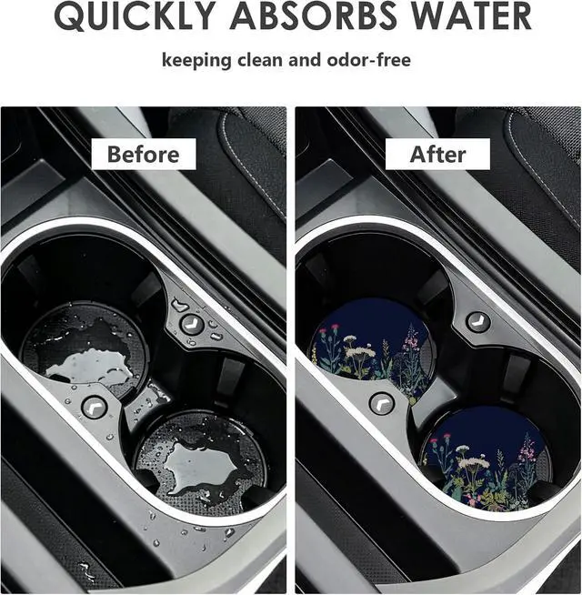 Alt view image 5 of 7 - 2 Pack Car Coasters2.75-inch Neoprene Non-Slip Cup Holder Coasters for CarCute Car Interior Accessories for Men and WomenBlack Flower