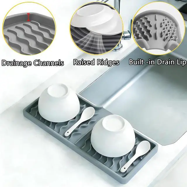 Alt view image 3 of 7 - Dish Drying Mat, Silicone Dish Drying Mat for Kitchen Counter, Drainer Pad with Built-in Drain, Non-Slip, Heat Resistant Draining Pad (Black, 10" x 5.5")